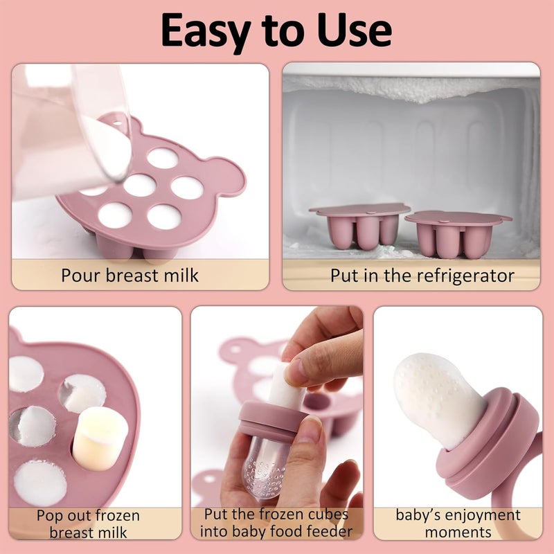 JEXFUN Silicone Baby Fruit Food Feeder & Mini Freezer Nibble Tray, Breastmilk Popsicle Molds for Baby Teething Relief, BPA Free Silicone Teething Toys Feeder for Safe Infant Self Feeding, Extra Food Pouches - Image 2